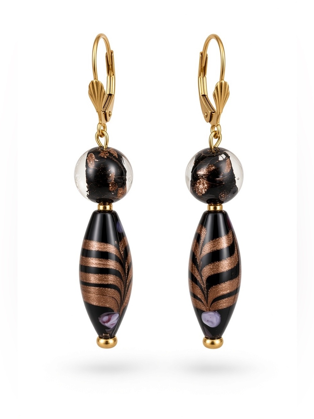 Handmade (by me!) Gold and Black Art Glass Drop Earrings